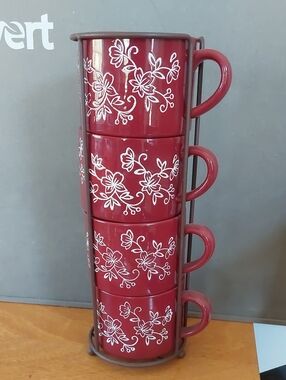 Temp-tations 14oz 5pc Stackable Mug Set Floral Cranberry Coffee Soup